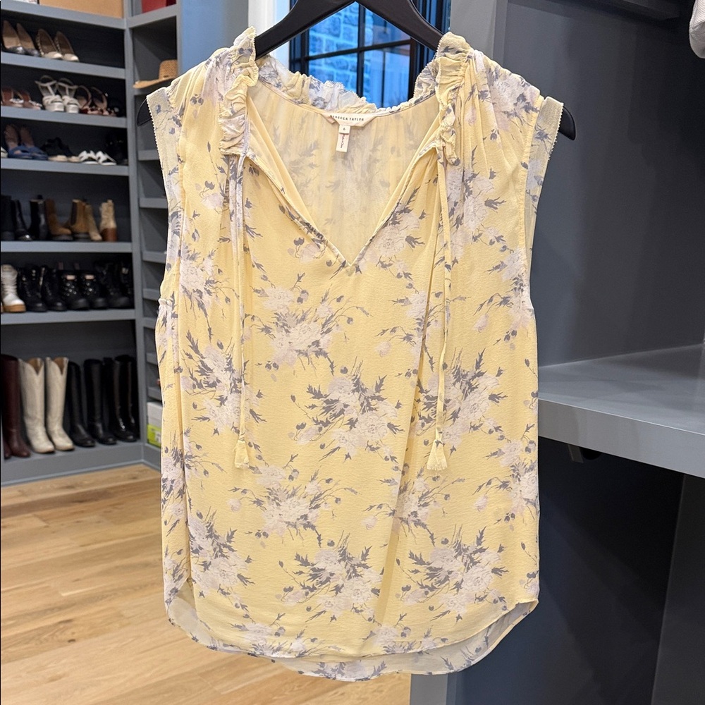 Rebecca Taylor Floral Pastel Yellow Sleeveless Silk Top - Size 6